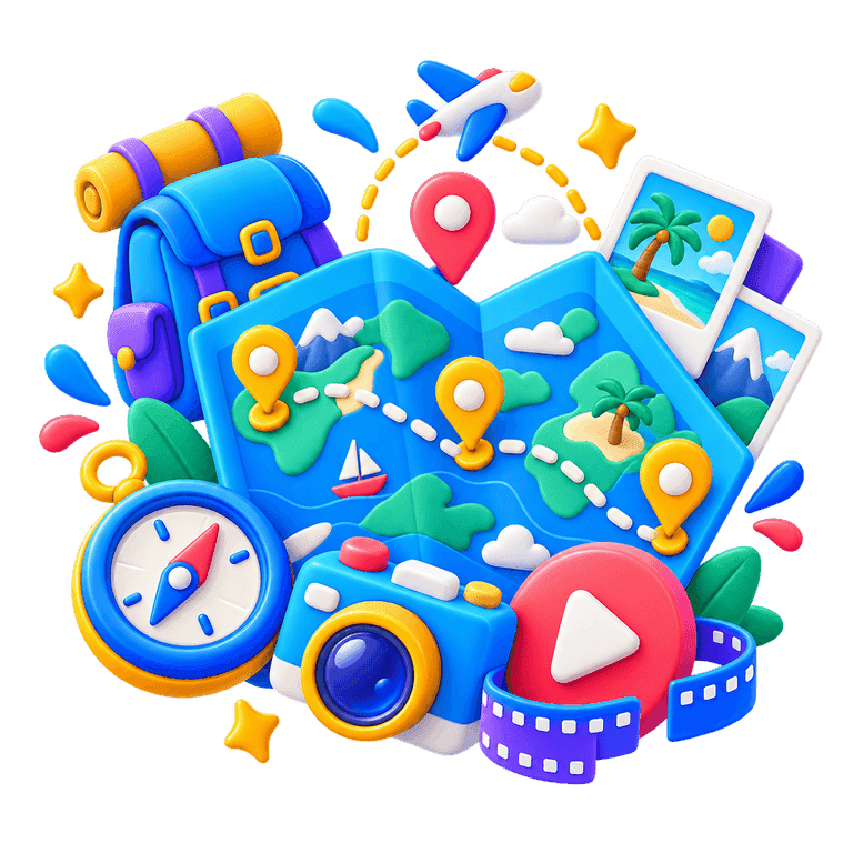 3D travel route map with location pins, a compass, cameras, photos, and a video symbol