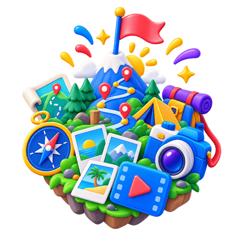 3D mountain travel milestone with a route, compass, tent, camera, photos, and flag