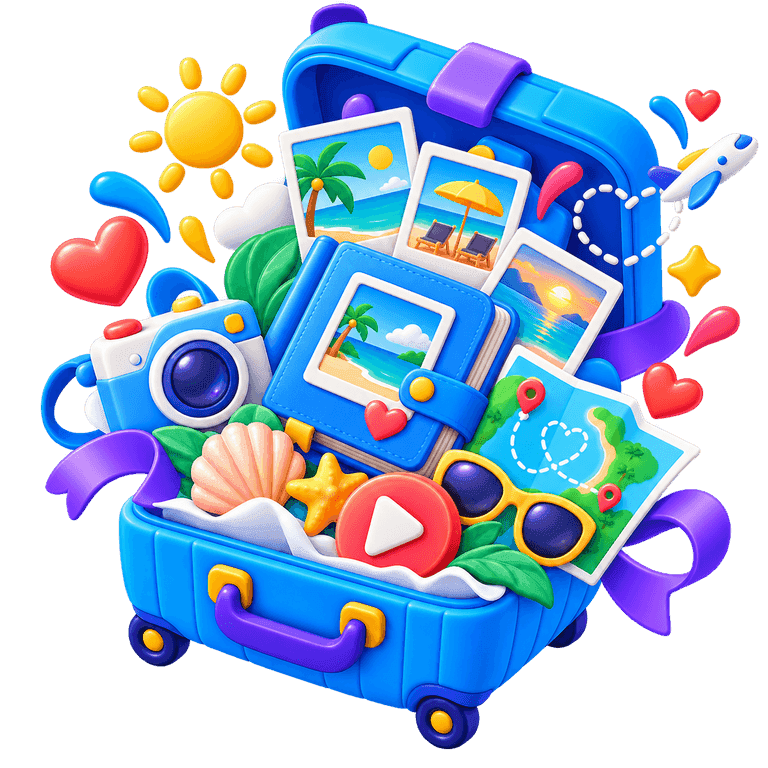 3D travel suitcase filled with vacation photos, a camera, map route, memories, and video symbol