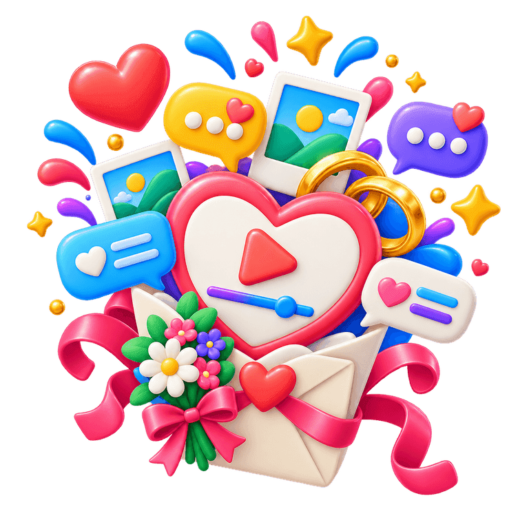 3D anniversary video messages with hearts, rings, flowers, and photo cards