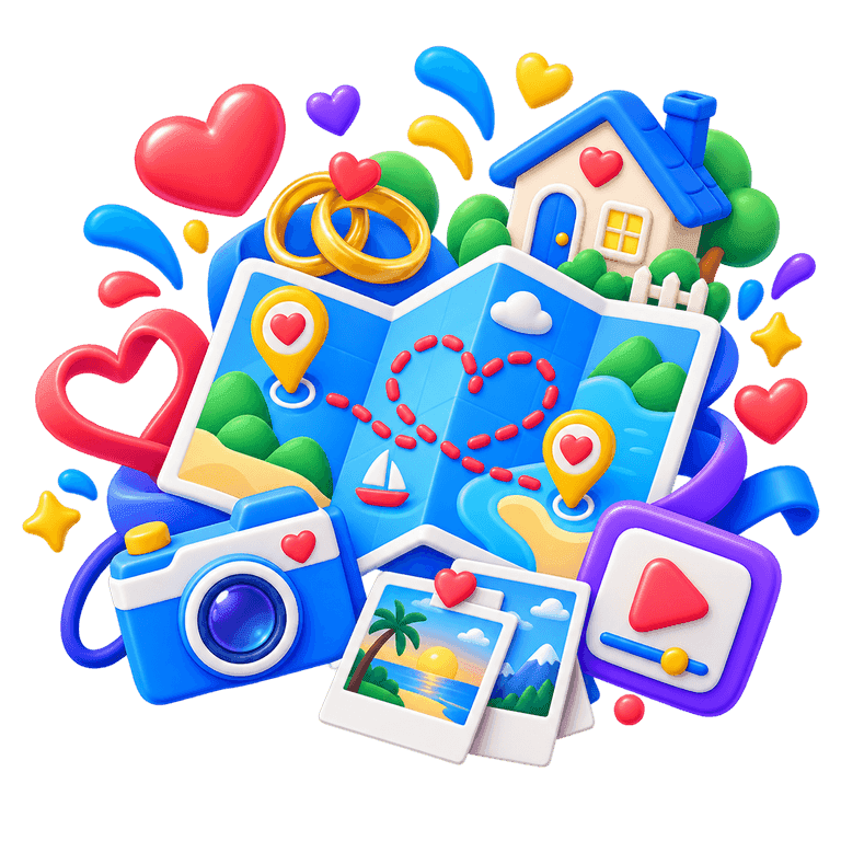 3D love-story map with rings, photo cards, a camera, hearts, and connected locations