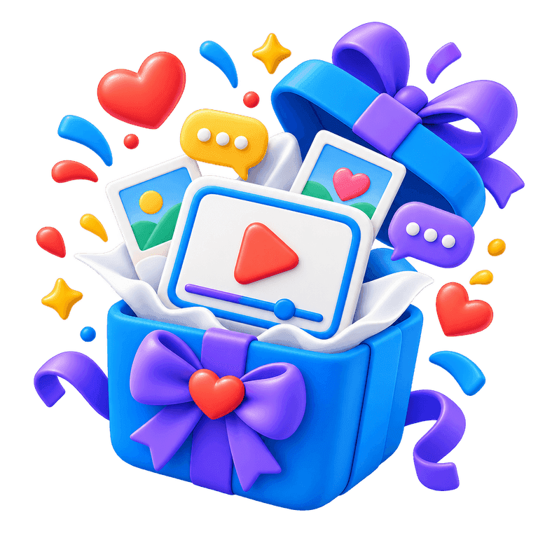 3D gift box filled with birthday video cards, messages, hearts, and confetti