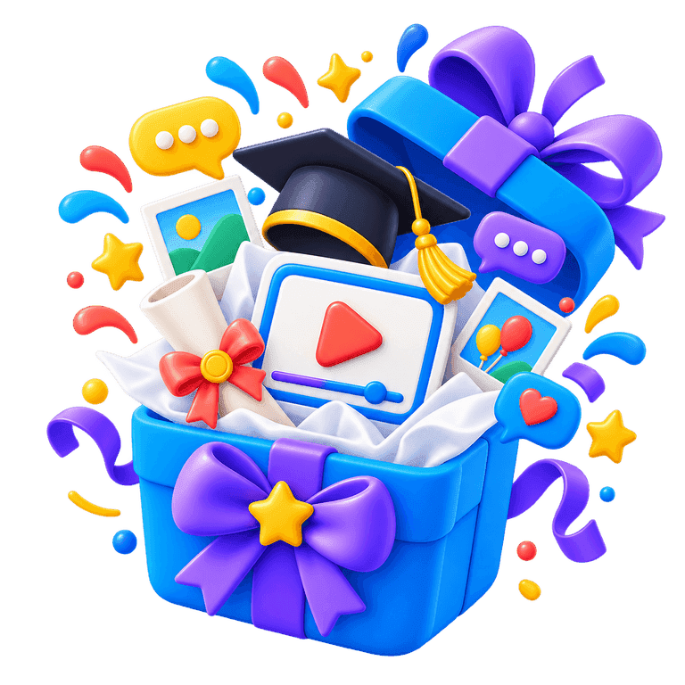 3D graduation gift box with a cap, diploma, video cards, messages, stars, and confetti