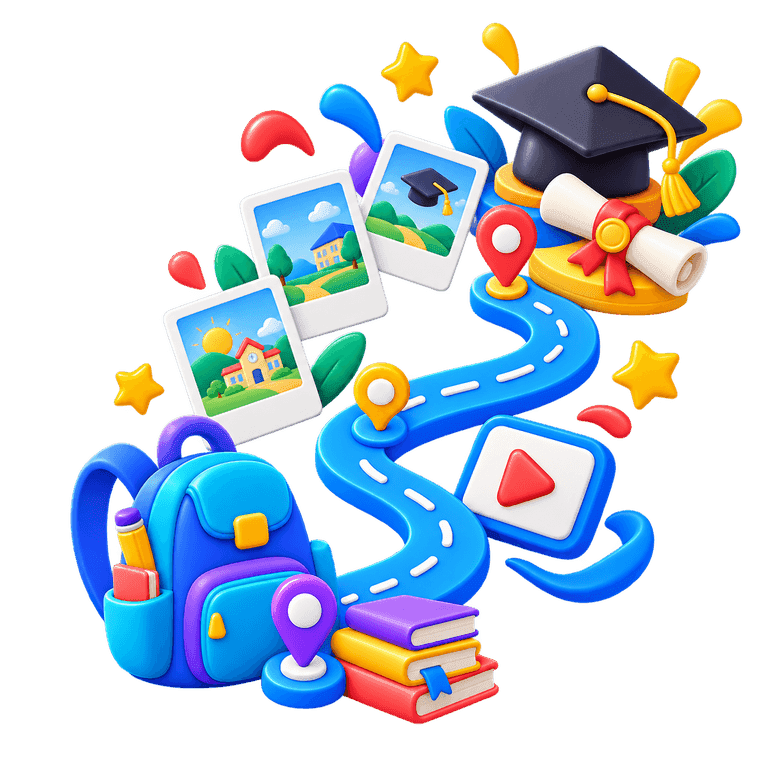 3D school journey timeline connecting a backpack, books, photos, diploma, and graduation cap