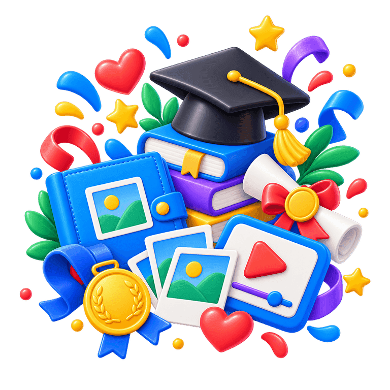 3D graduation milestone with a cap, diploma, books, medal, photos, and video card