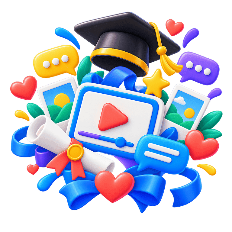 3D graduation cap surrounded by video messages, photo cards, a diploma, hearts, and stars