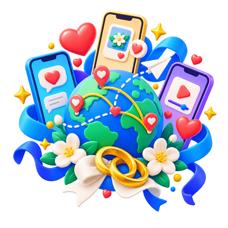 3D globe connected to wedding video messages, rings, flowers, hearts, and location pins