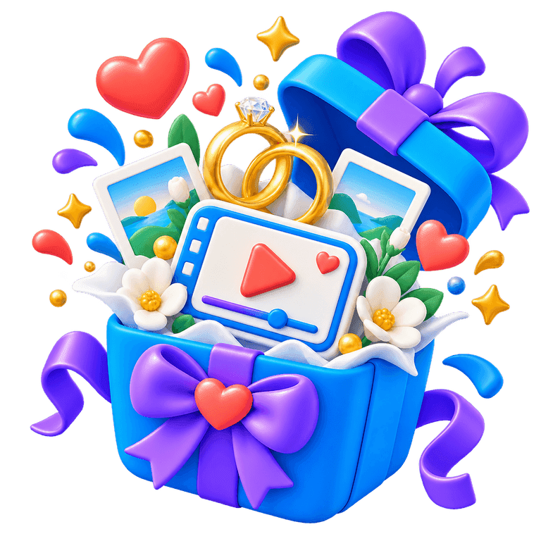 3D wedding gift box with gold rings, a video card, flowers, hearts, and ribbon