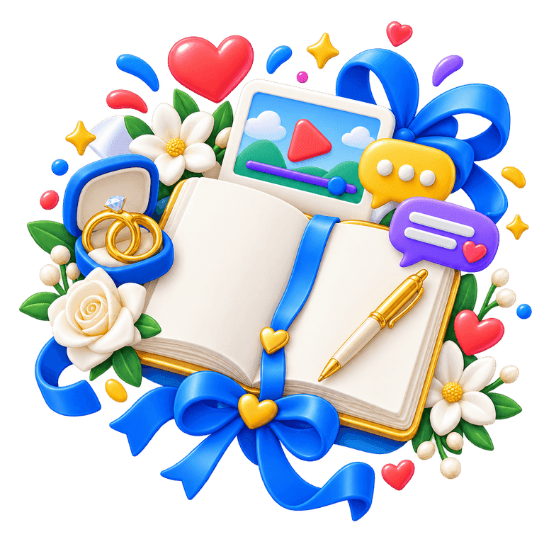 3D wedding guest book with a video card, rings, flowers, messages, and a gold pen