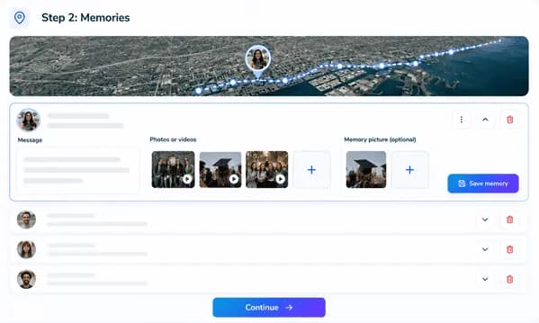 Album Map memory builder showing photos, videos, messages, and places.