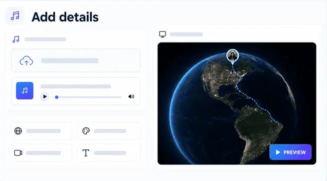 Album Map video style controls for music, map look, and camera movement.