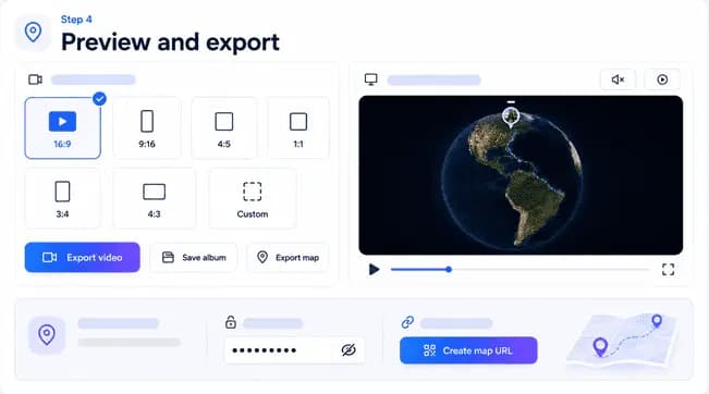 Album Map export screen with preview, format, and quality options.