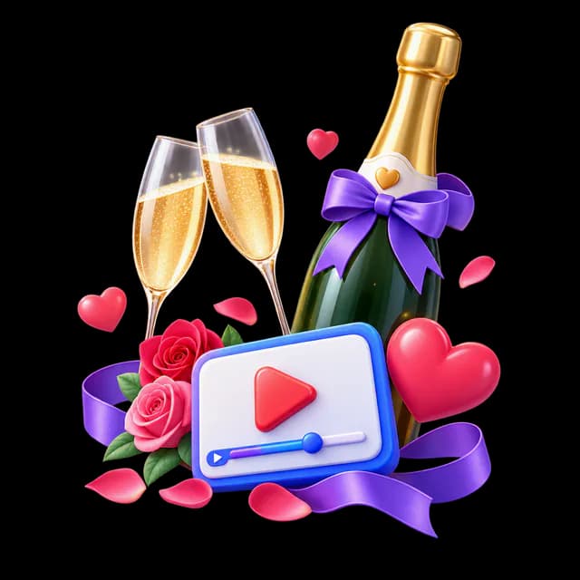 Anniversary champagne, roses, hearts, and a shared video