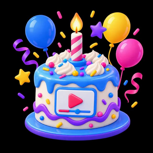 Birthday cake, balloons, confetti, and a shared video