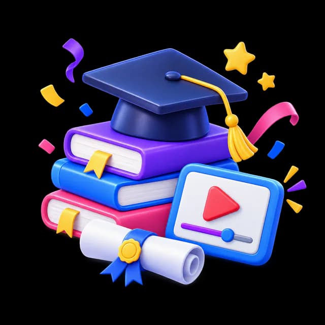 Graduation cap, books, diploma, and a shared video
