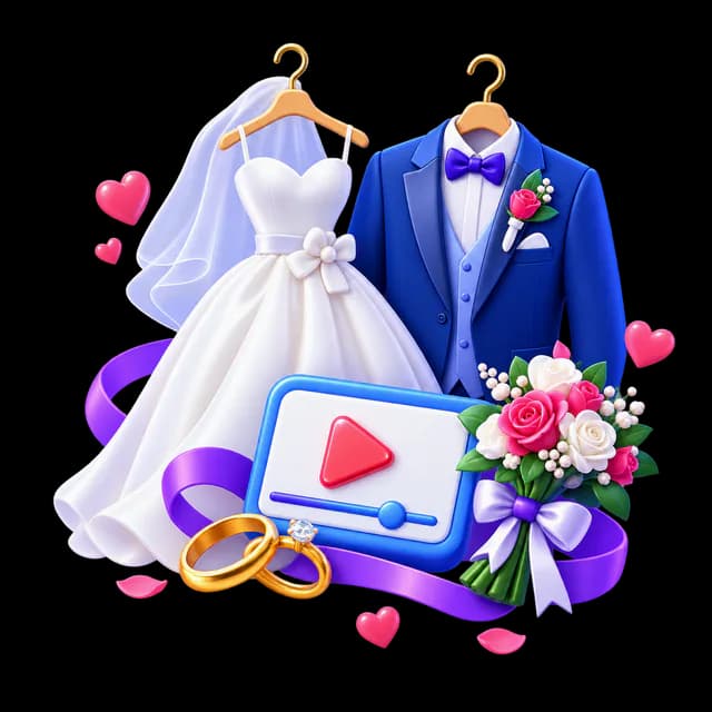 Wedding clothes, rings, flowers, and a shared video