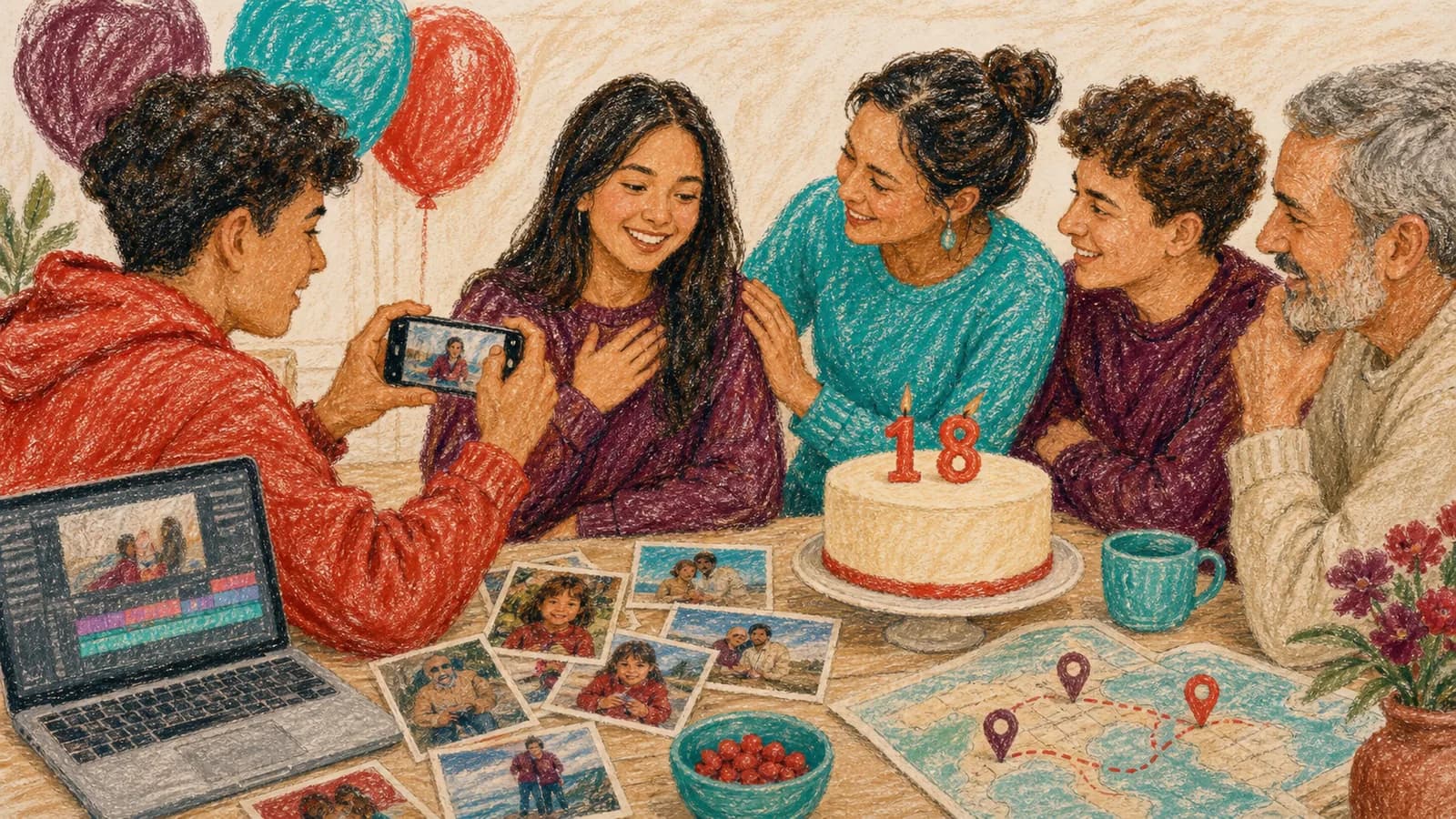 Friends planning an 18th birthday video and party with photos, messages, and a map