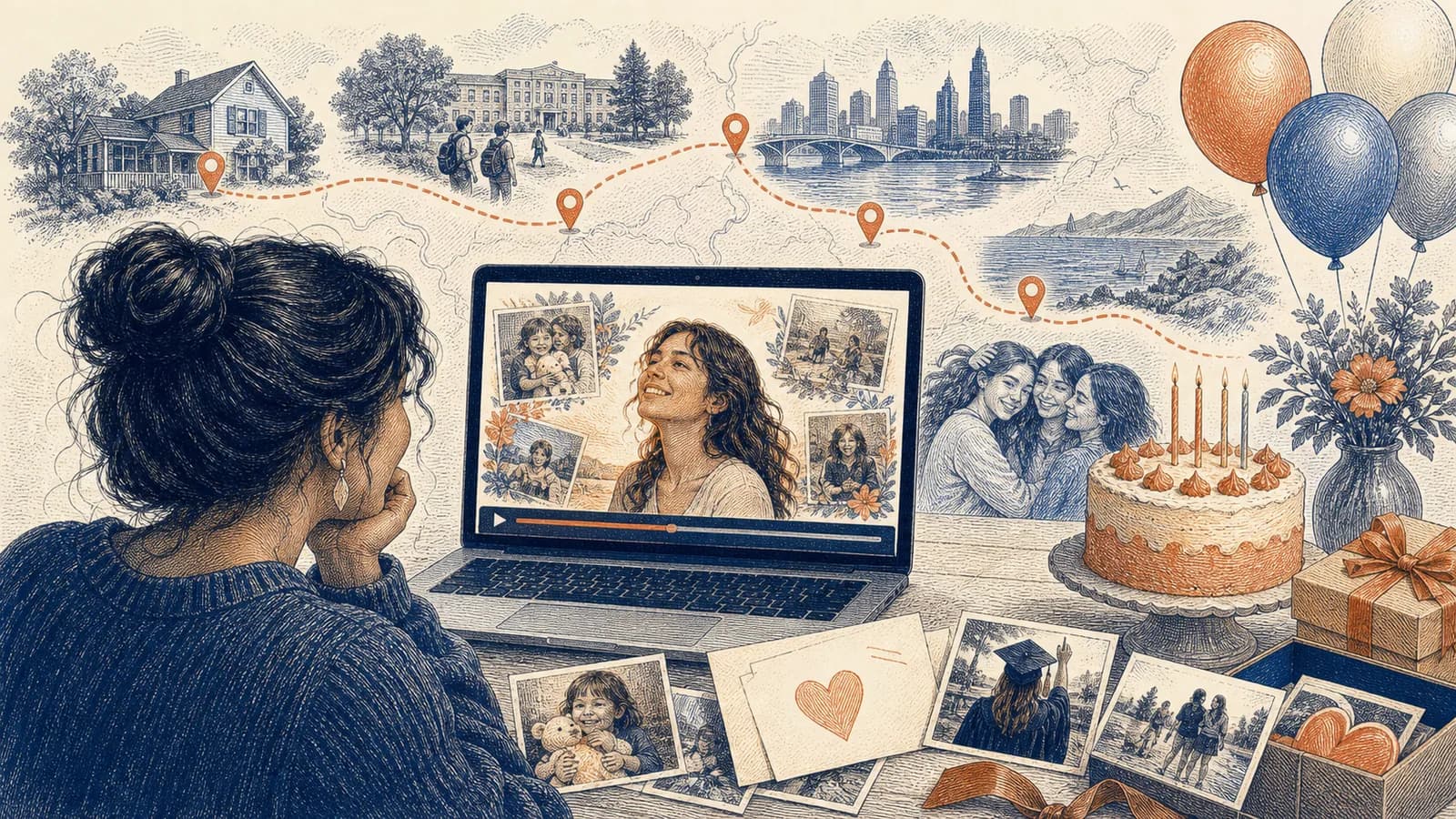 Young adult watching a 21st birthday memory video with photos, messages, and a map of meaningful places