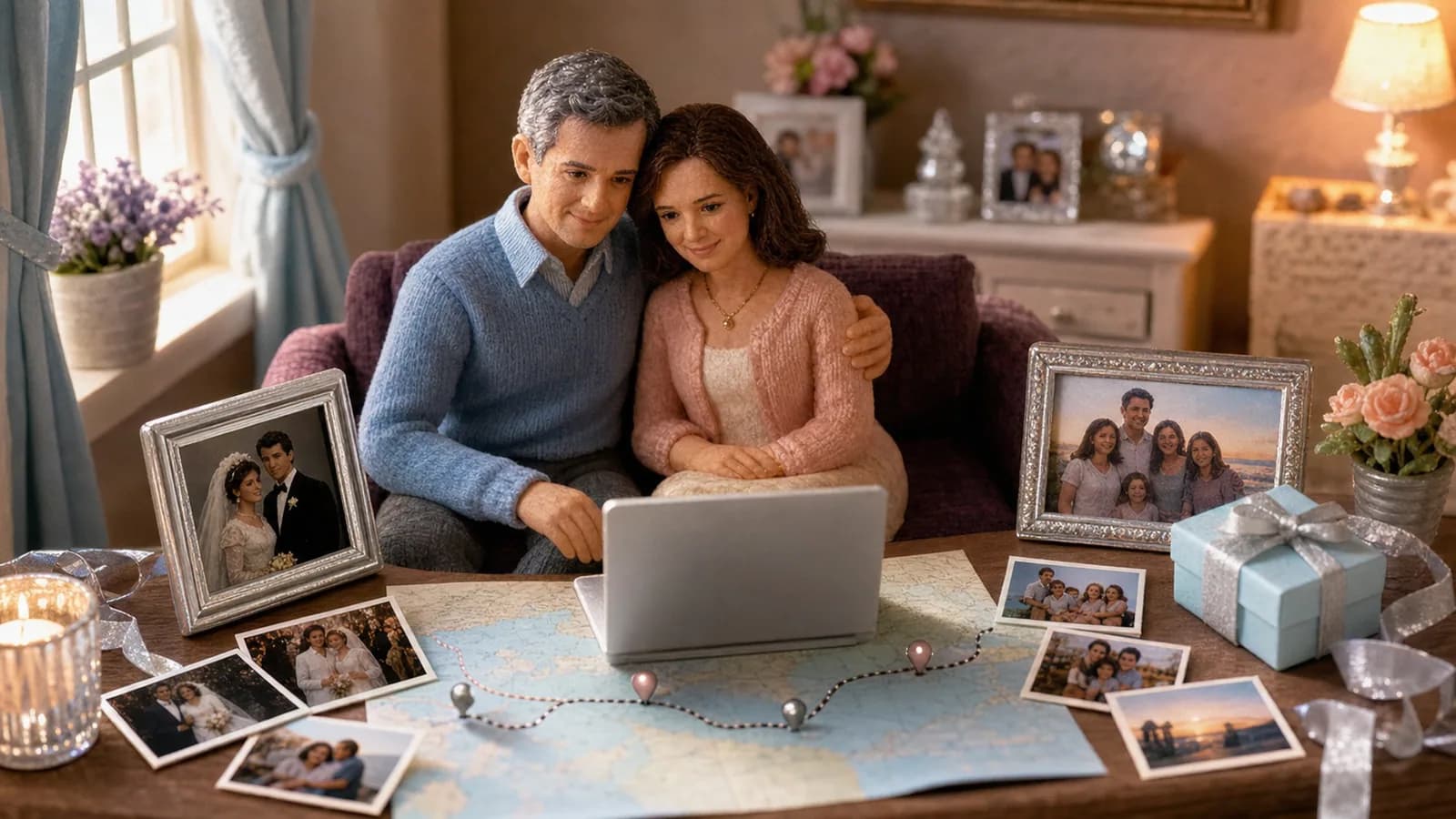 Couple watching a 25th anniversary video beside wedding photos and a map of meaningful places