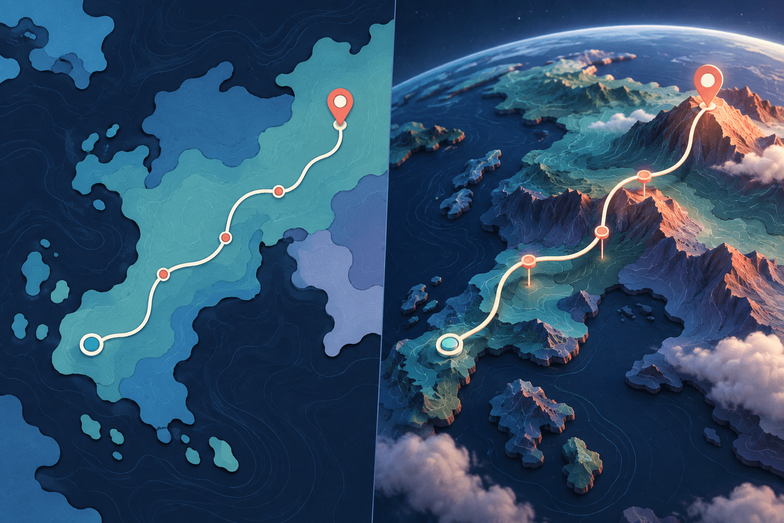 The same three-stop route shown on a flat map and a tilted three-dimensional map.