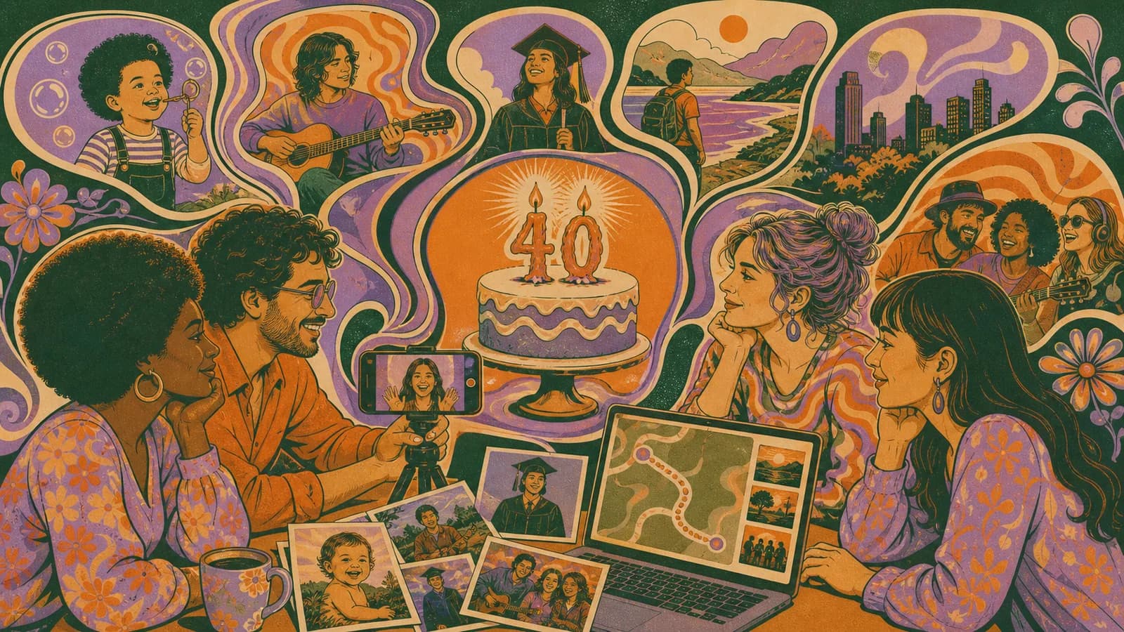 Friends planning a 40th birthday video with shared photos, phone clips, and meaningful locations