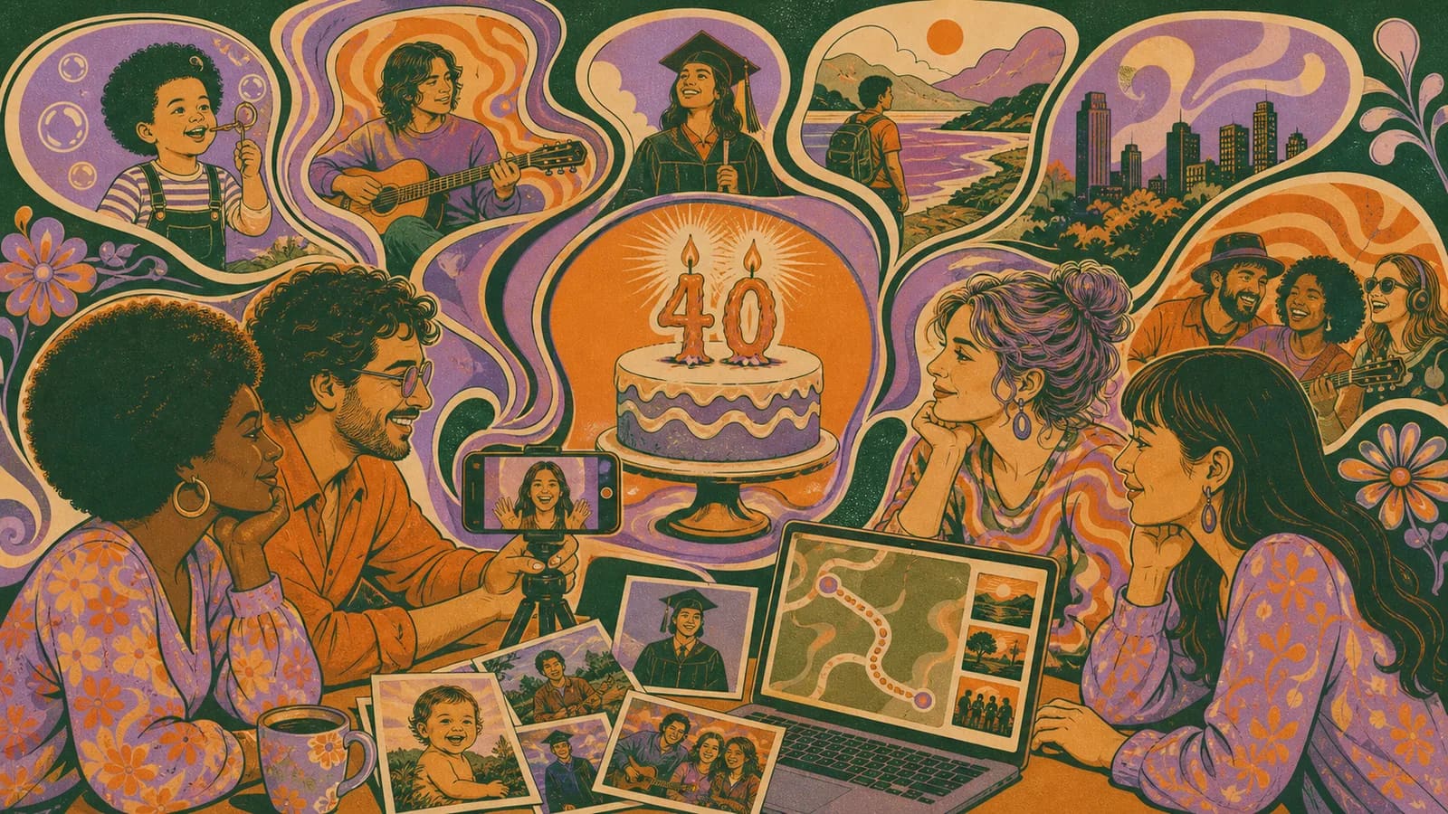 Friends planning a 40th birthday video with shared photos, phone clips, and meaningful locations