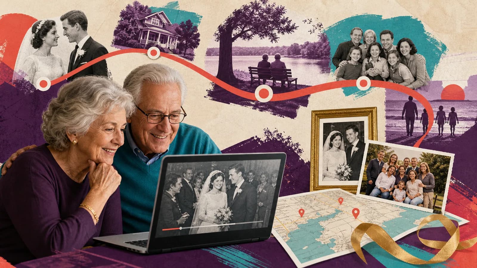 Couple watching a 50th anniversary video beside family photos and a map of shared memories