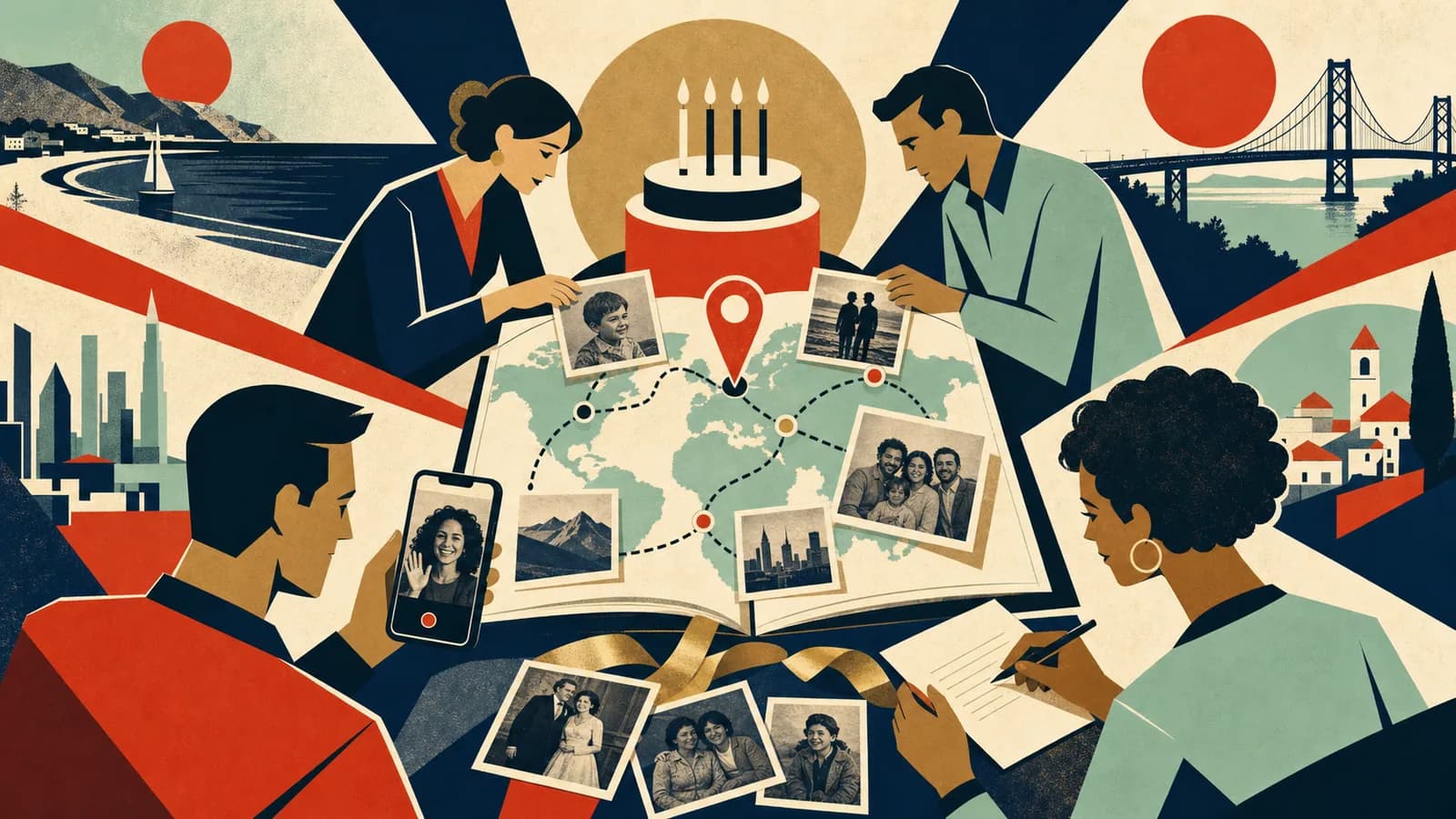 Family planning a 50th birthday video with old photos, recorded messages, and a map of meaningful places