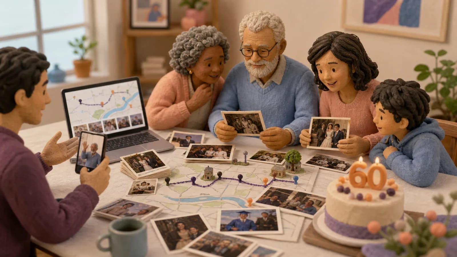 Family planning a 60th birthday surprise video with old photos, phone messages, and meaningful locations