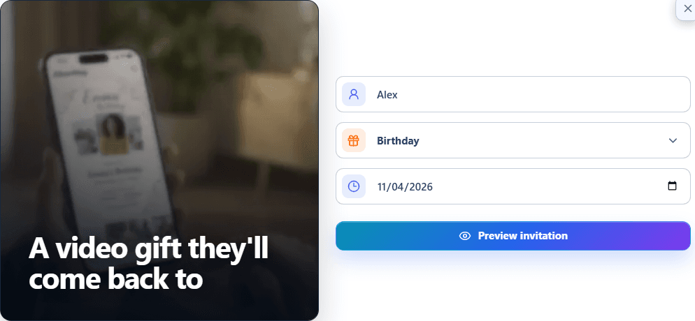 AlbumMap invitation setup with Alex entered as the recipient, Birthday selected, a contribution deadline, and the Preview invitation button