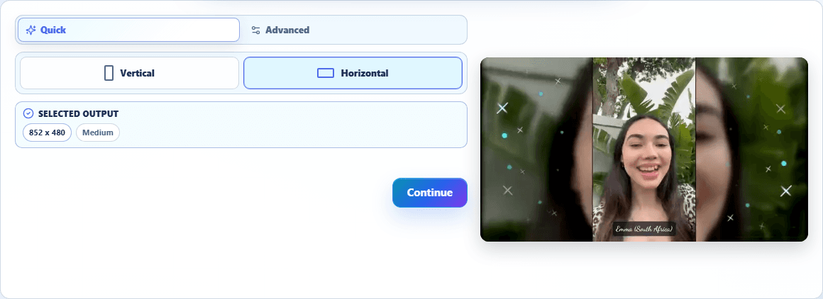 AlbumMap screen-size controls with Horizontal selected, a Medium output preview, and a Continue button