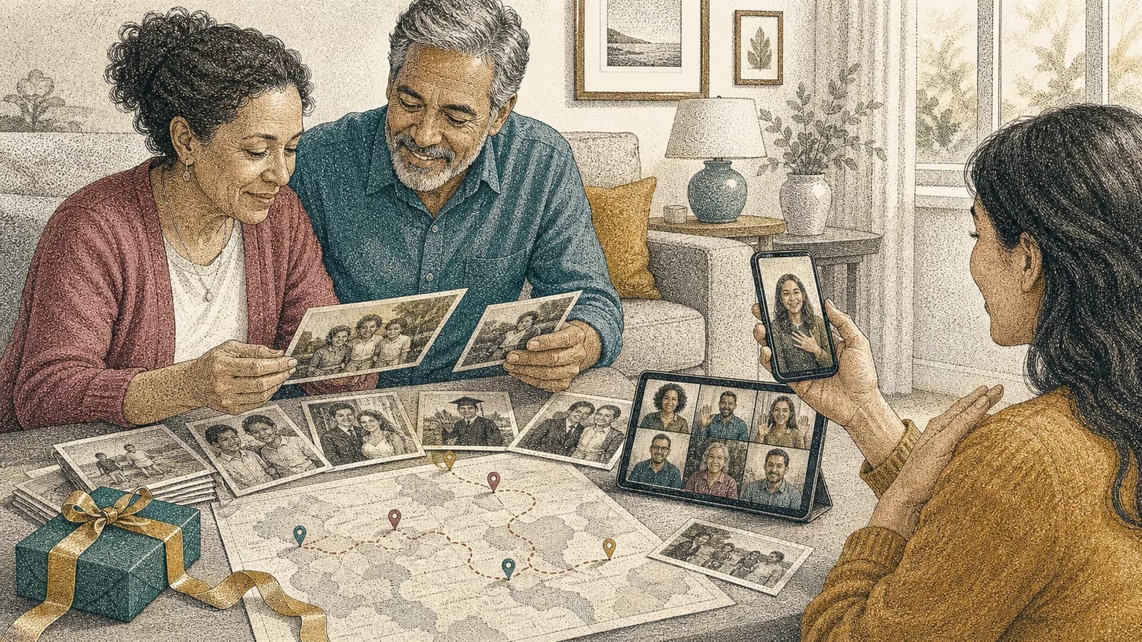 Family creating a 70th birthday video gift with photos, phone messages, and meaningful locations