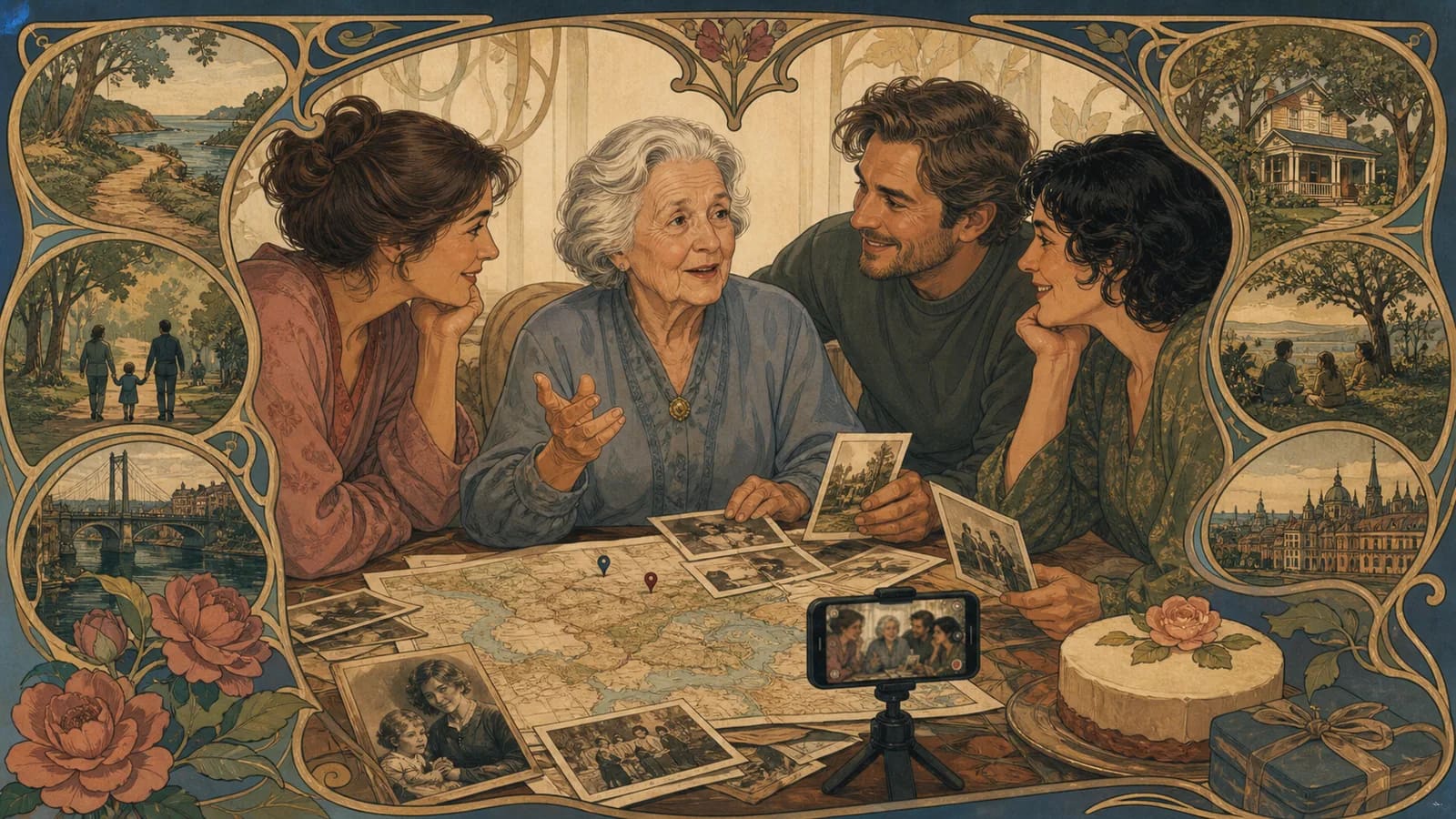 Family recording an 80th birthday video with old photos and a map of meaningful places