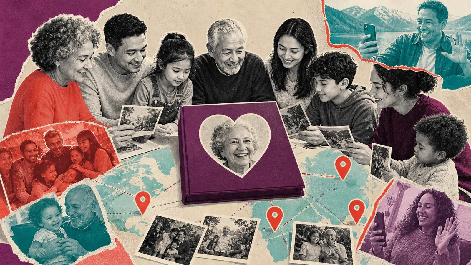 Family members from several generations preparing a 90th birthday video with photos and meaningful locations