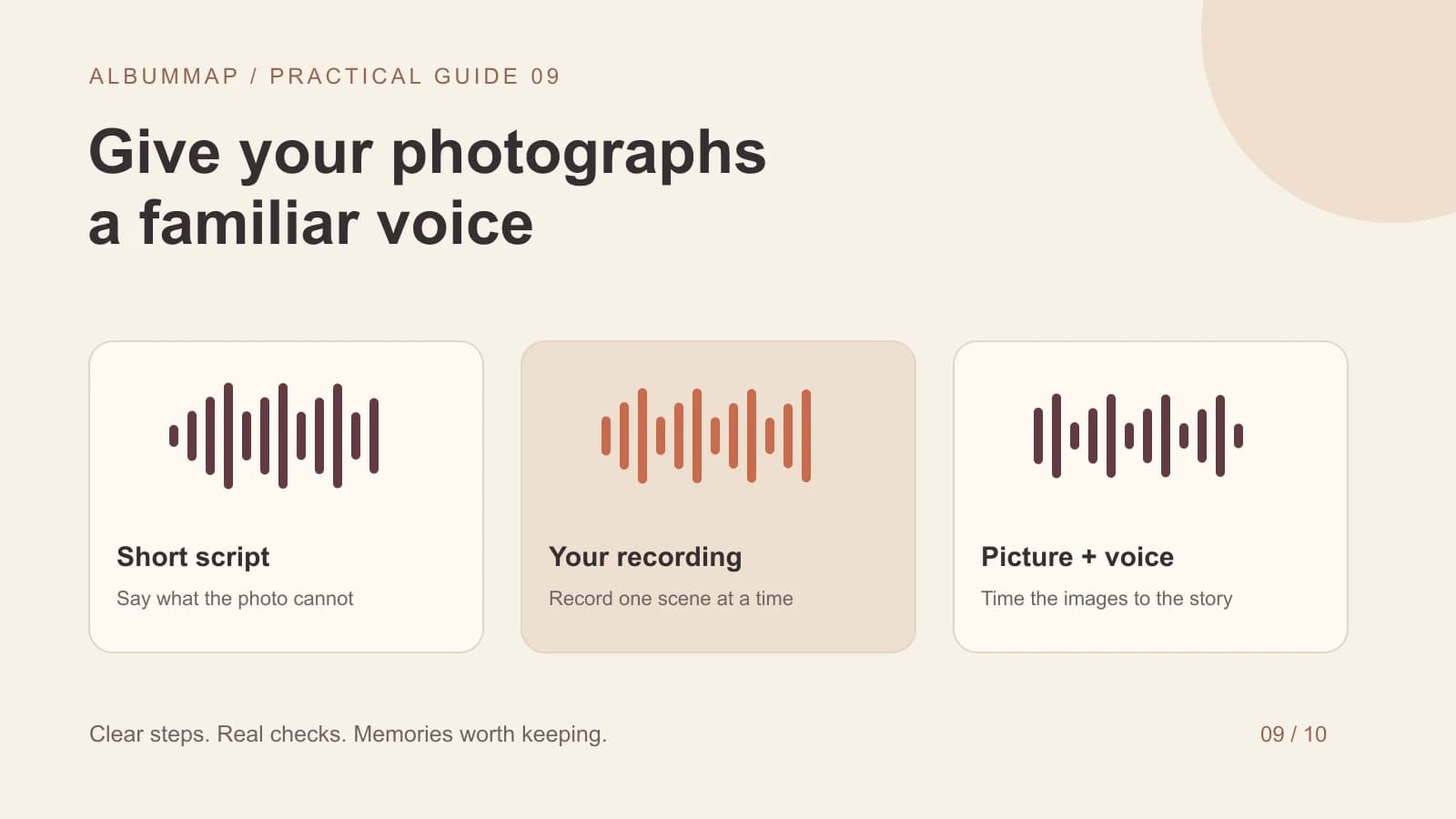 A short narration waveform aligned with three photo scenes and a quieter music track underneath