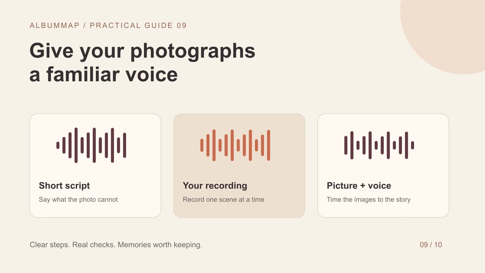A short narration waveform aligned with three photo scenes and a quieter music track underneath