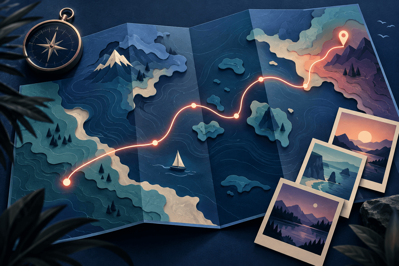 A partially revealed travel route connecting three map stops