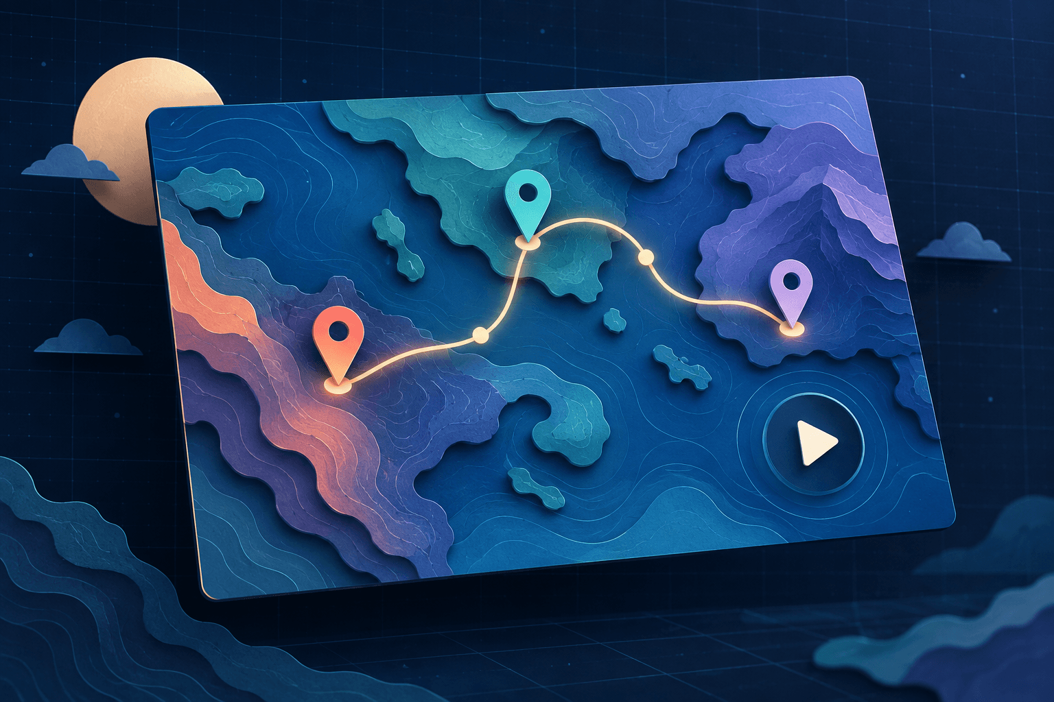 Presentation map with three stops and an animated marker route
