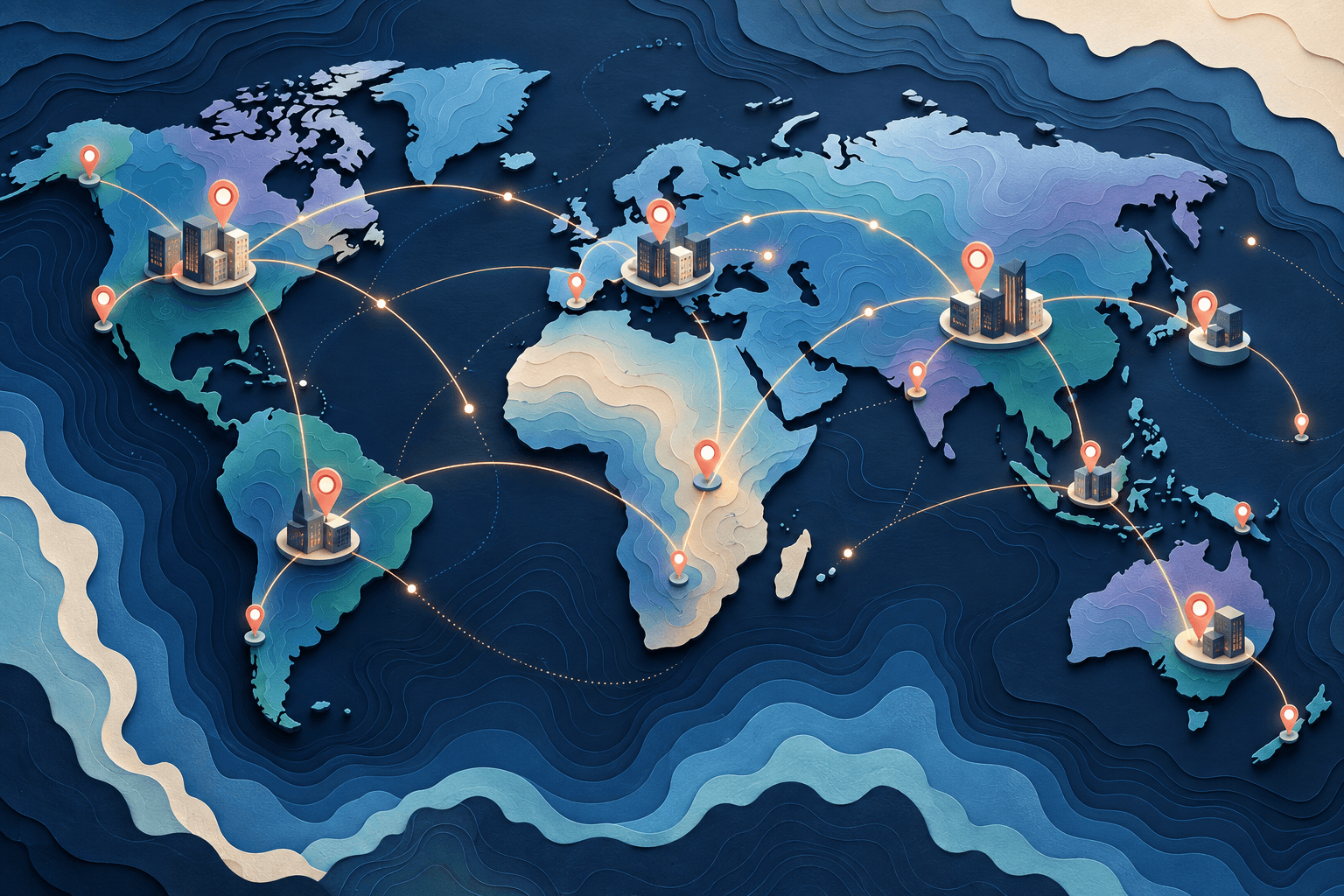 A business map storyboard with office locations, an event journey, and a dated expansion scene.