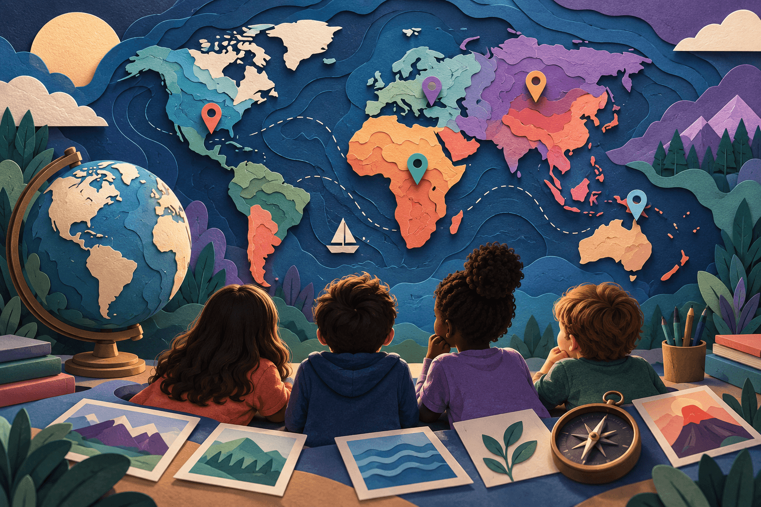 Four map-based lesson scenes with location reveals, scale changes, a route, and a question.