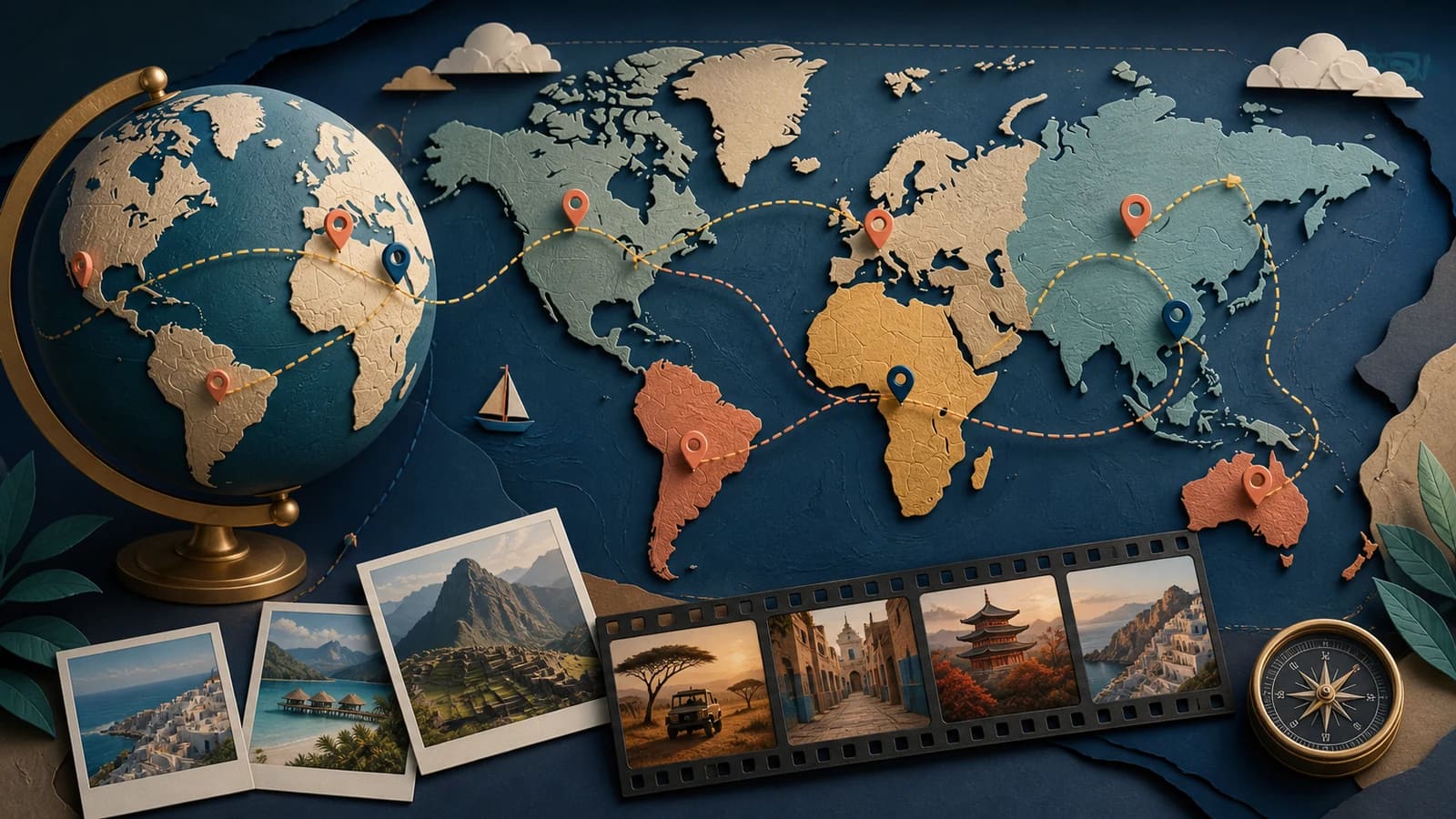 Illustrated animated world map with route stops, destination markers, and location-linked photographs