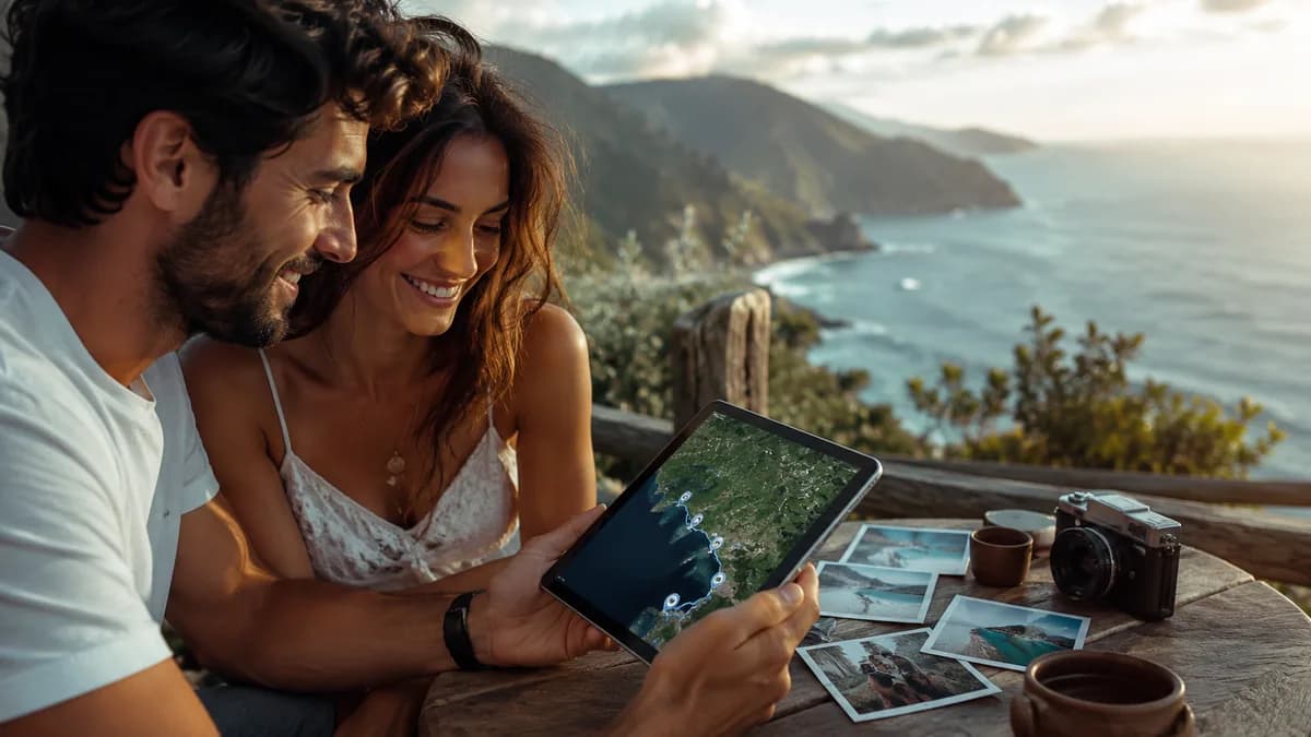 Couple viewing an anniversary memory map by the coast