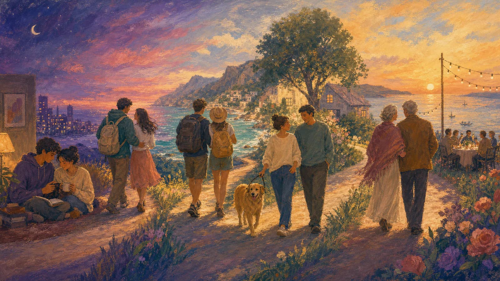 Painted couple following a shared path through travel, home, and anniversary memories
