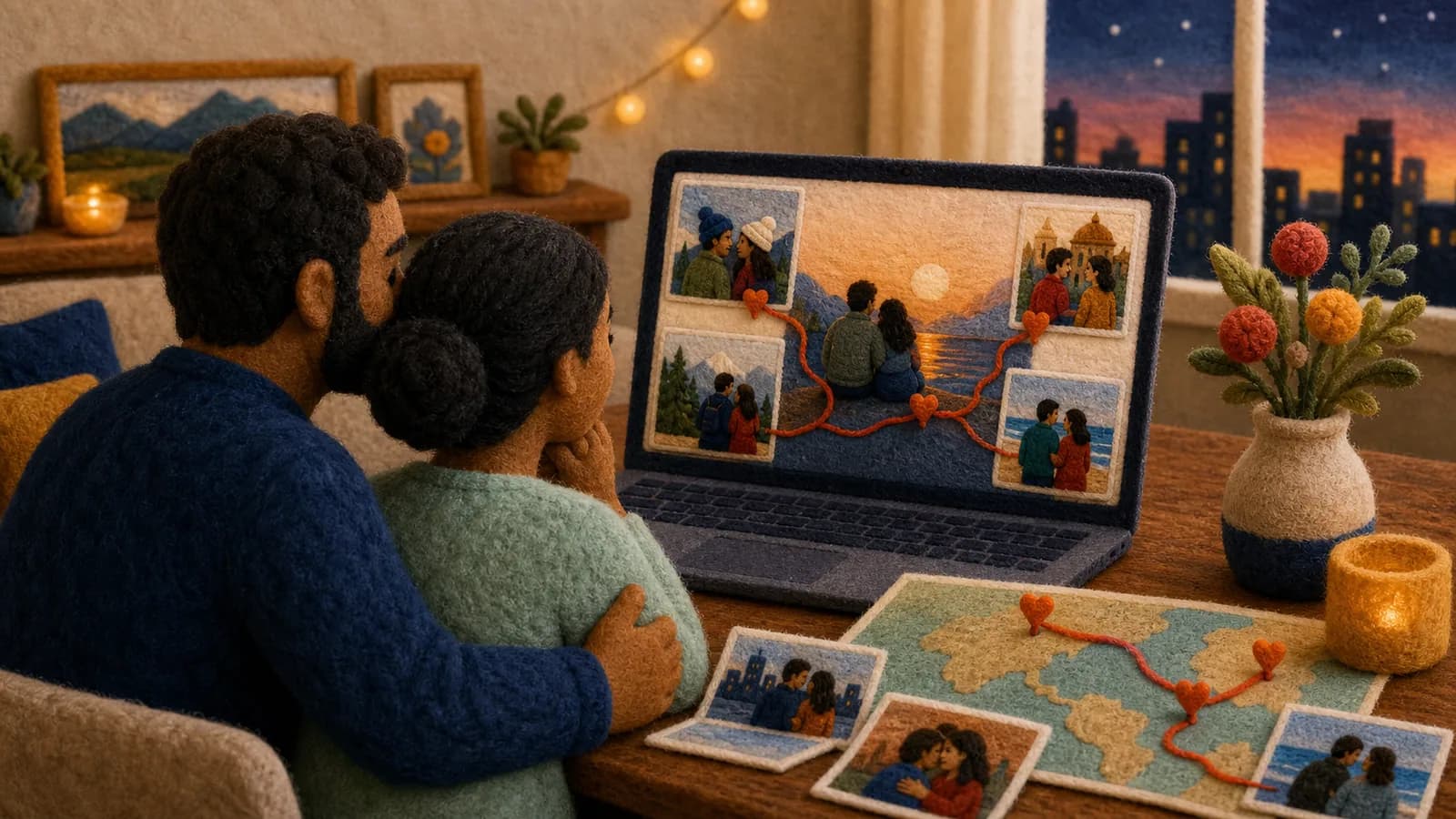 Couple watching a personal anniversary video beside photos and a map of meaningful places