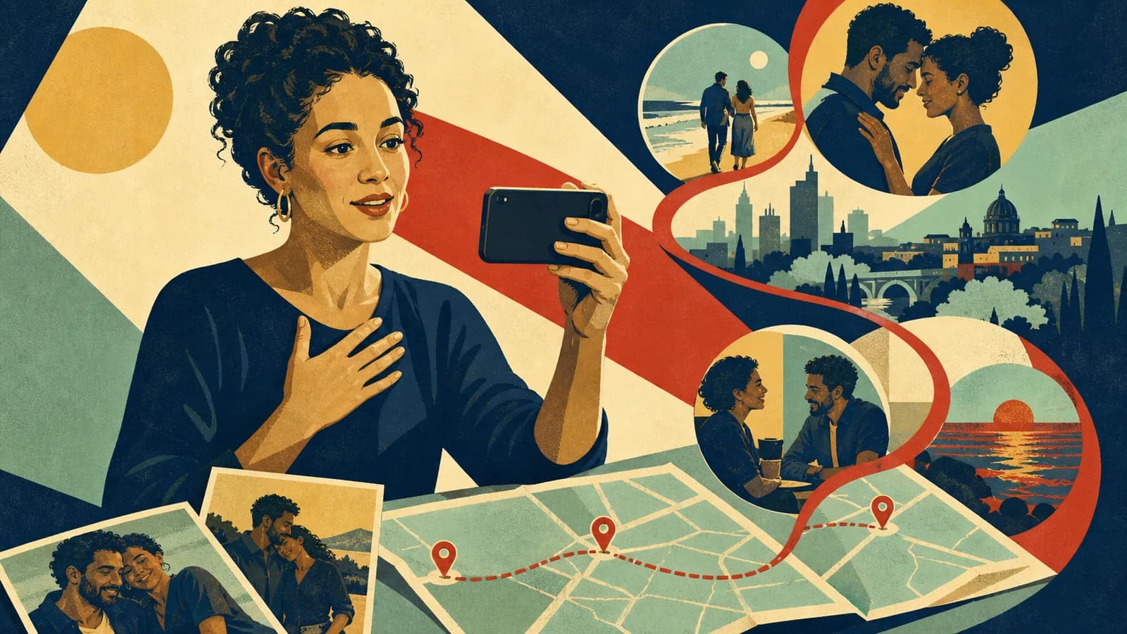 Person recording a personal anniversary video message beside couple photos and a map
