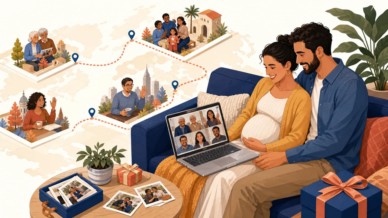 Parents-to-be watching a baby shower video made with family messages, photos, and meaningful locations