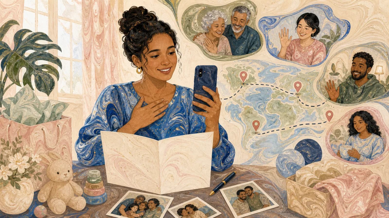 Guest preparing baby shower wishes for a card and video message