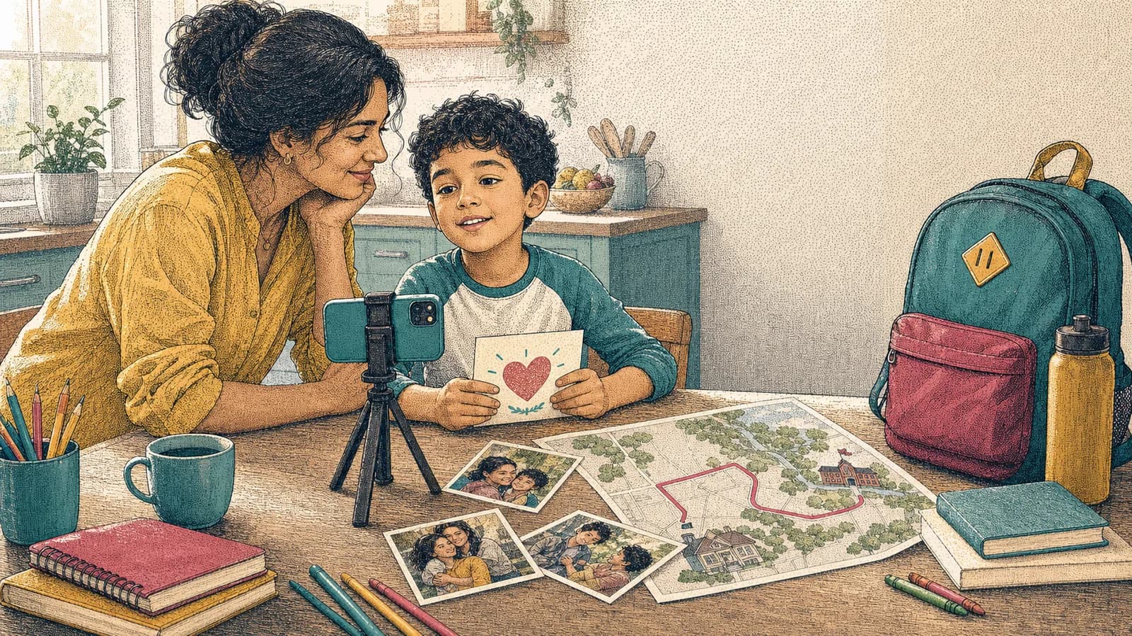 Family planning a back-to-school memory video with first-day photos and a school route