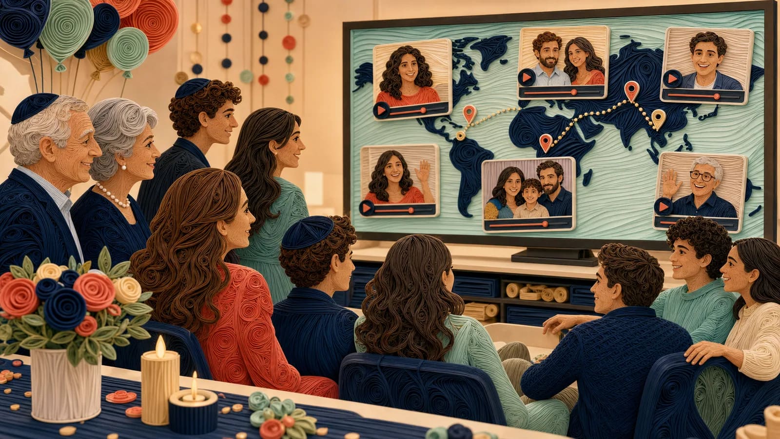 Family and friends watching a Bar Mitzvah video made with shared photos and messages