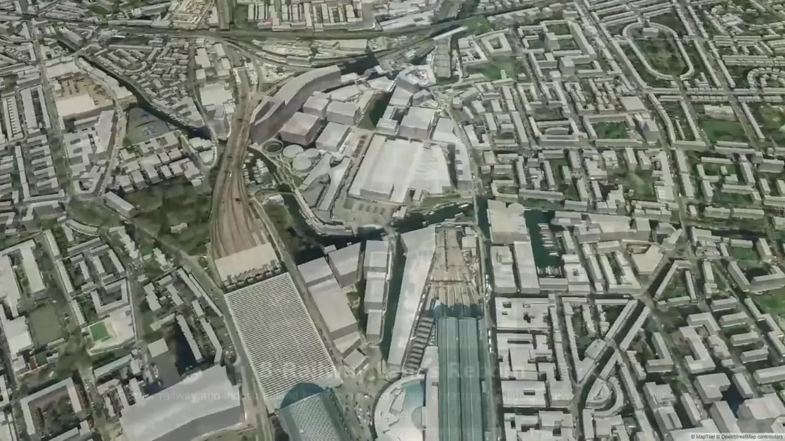 Split-screen city viewpoint from two eras linked by a subtle map route.